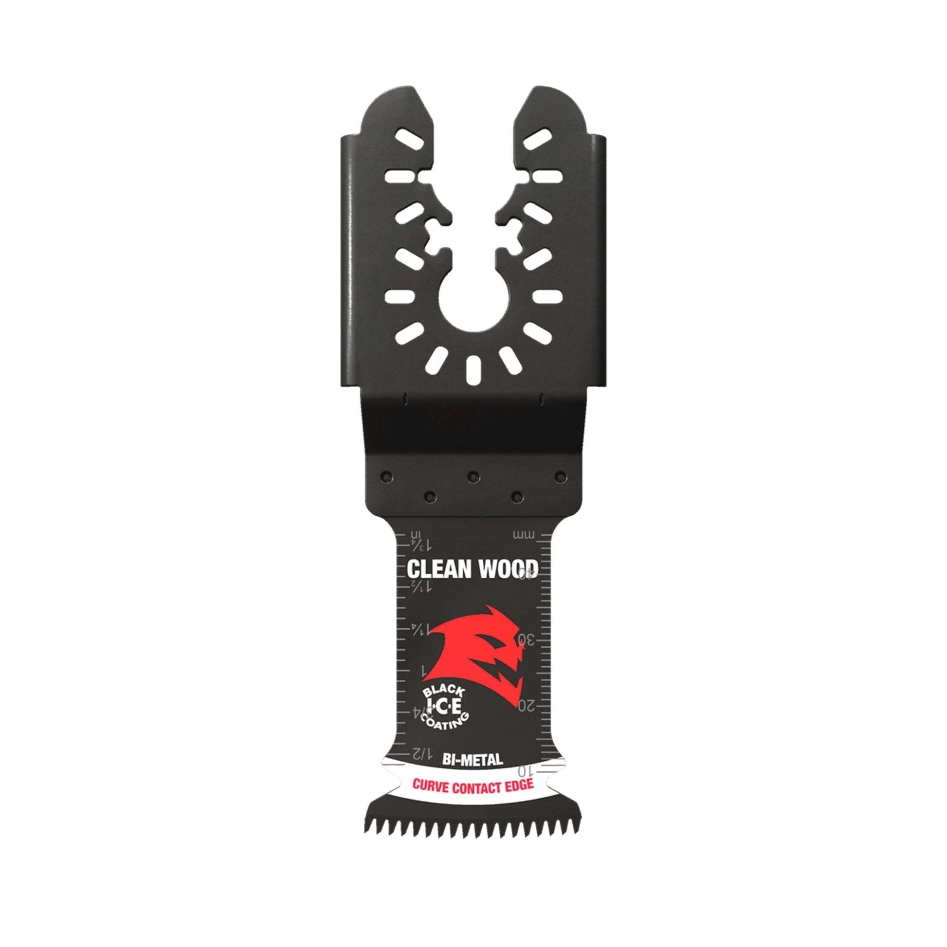 The Diablo DOU125JBW 1-1/4 Demo Demon™ blade for clean wood features a black and red wavy cutting edge and a U-shaped universal mounting bracket, marked Black Ice Bi-Metal with a red bear-like logo.