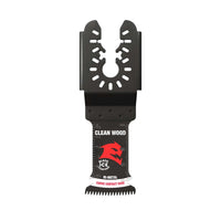 The Diablo DOU125JBW 1-1/4 Demo Demon™ blade for clean wood features a black and red wavy cutting edge and a U-shaped universal mounting bracket, marked Black Ice Bi-Metal with a red bear-like logo.