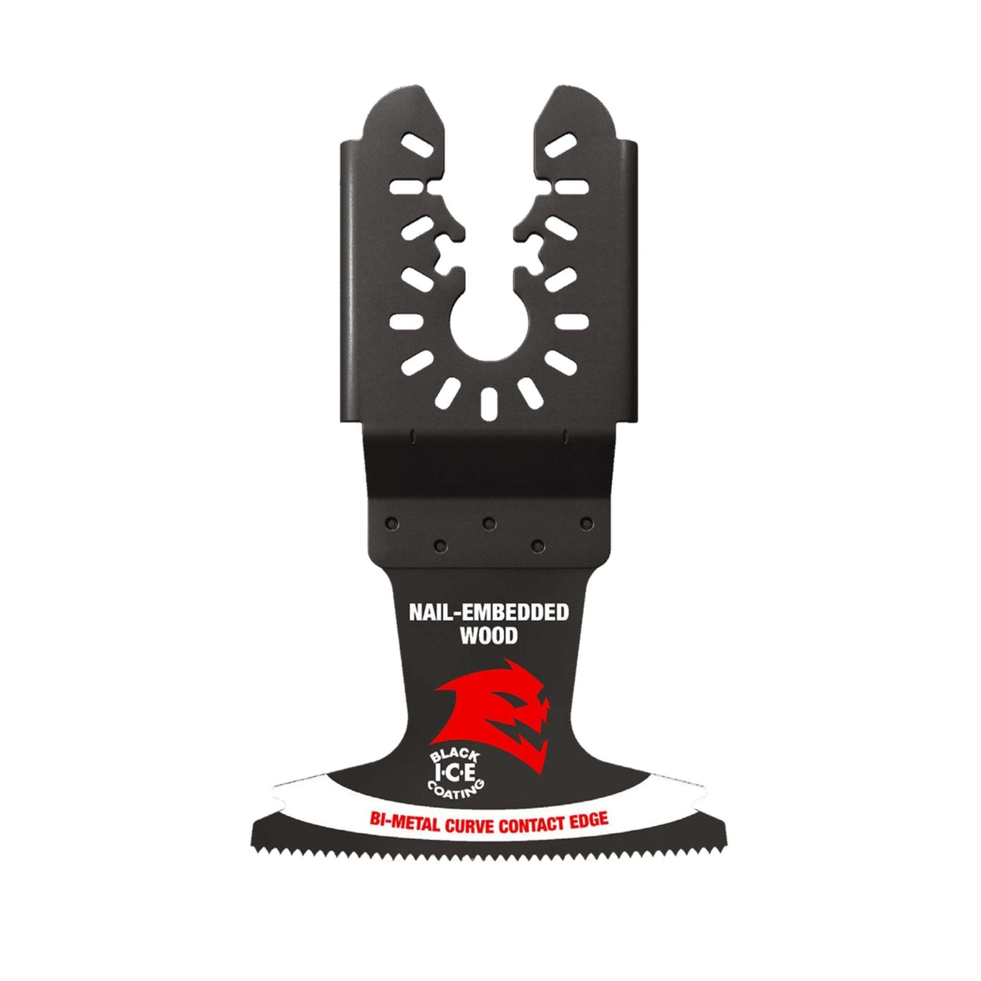 The DIABLO DOU250BW 2-1/2 in. Demo Demon™ Universal Fit Bi-Metal Oscillating Blade features an ultra-hardened cutting edge and jagged profile with a central slot, labeled Nail-Embedded Wood and Bi-Metal Curve Contact Edge, enhanced by Black I.C.E. coating under Diablos red eagle logo.