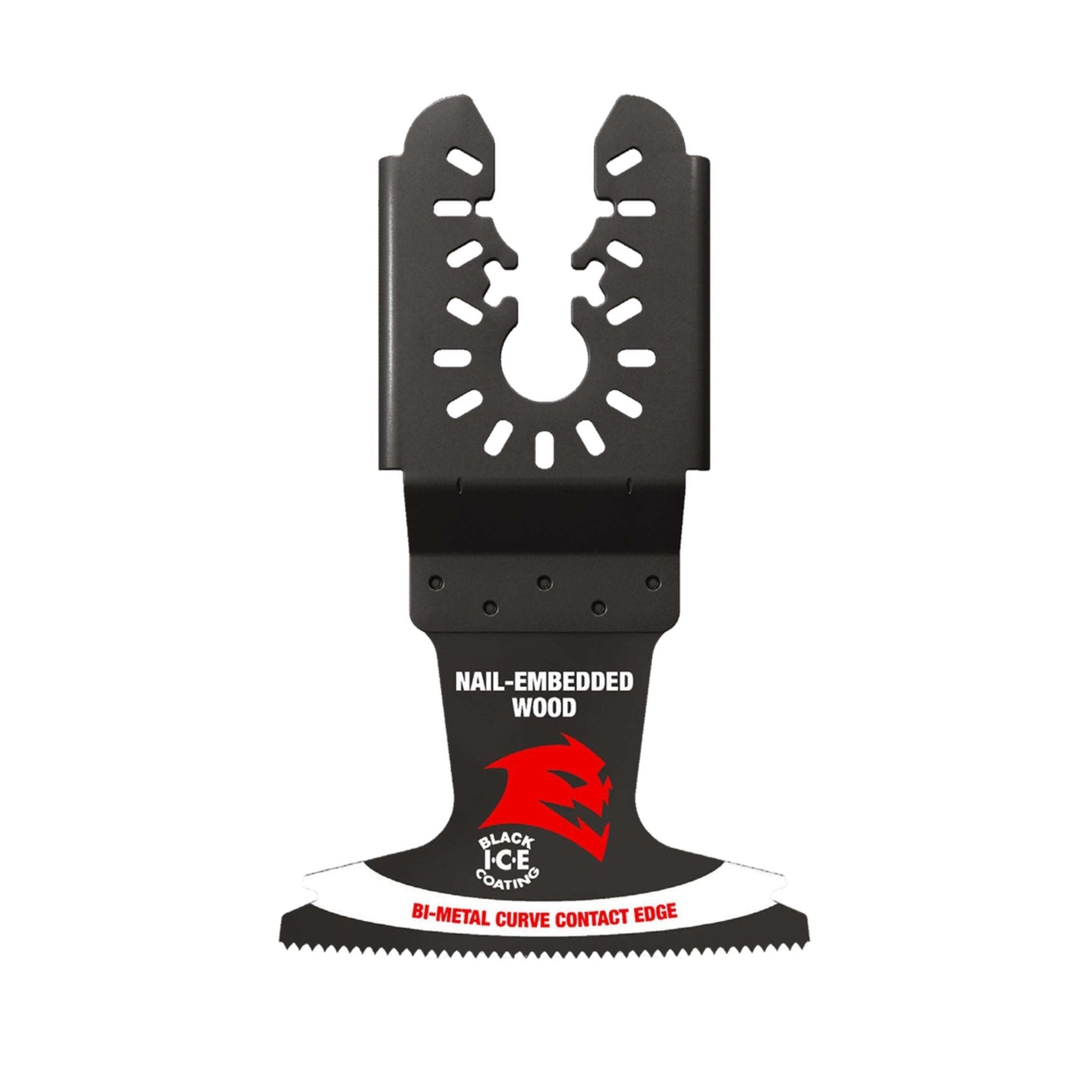 The DIABLO DOU250BW 2-1/2 in. Demo Demon™ Universal Fit Bi-Metal Oscillating Blade features an ultra-hardened cutting edge and jagged profile with a central slot, labeled Nail-Embedded Wood and Bi-Metal Curve Contact Edge, enhanced by Black I.C.E. coating under Diablos red eagle logo.