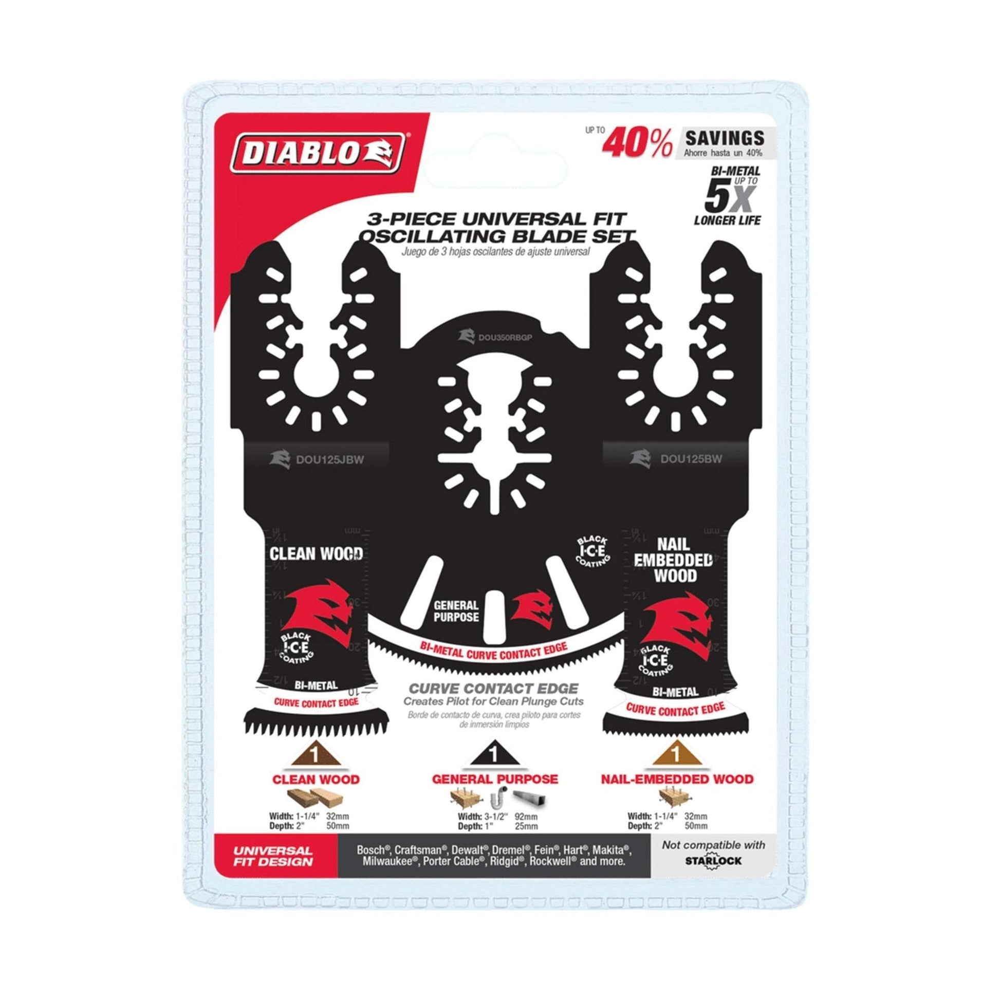 Image of a Diablo DOU3BS 3-Piece Universal Fit Bi-Metal Oscillating Blade Set. Featuring blades for clean wood, general purpose, and nail-embedded wood, this set boasts extreme durability with 40% savings and longer life benefits.