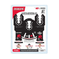 Image of a Diablo DOU3BS 3-Piece Universal Fit Bi-Metal Oscillating Blade Set. Featuring blades for clean wood, general purpose, and nail-embedded wood, this set boasts extreme durability with 40% savings and longer life benefits.