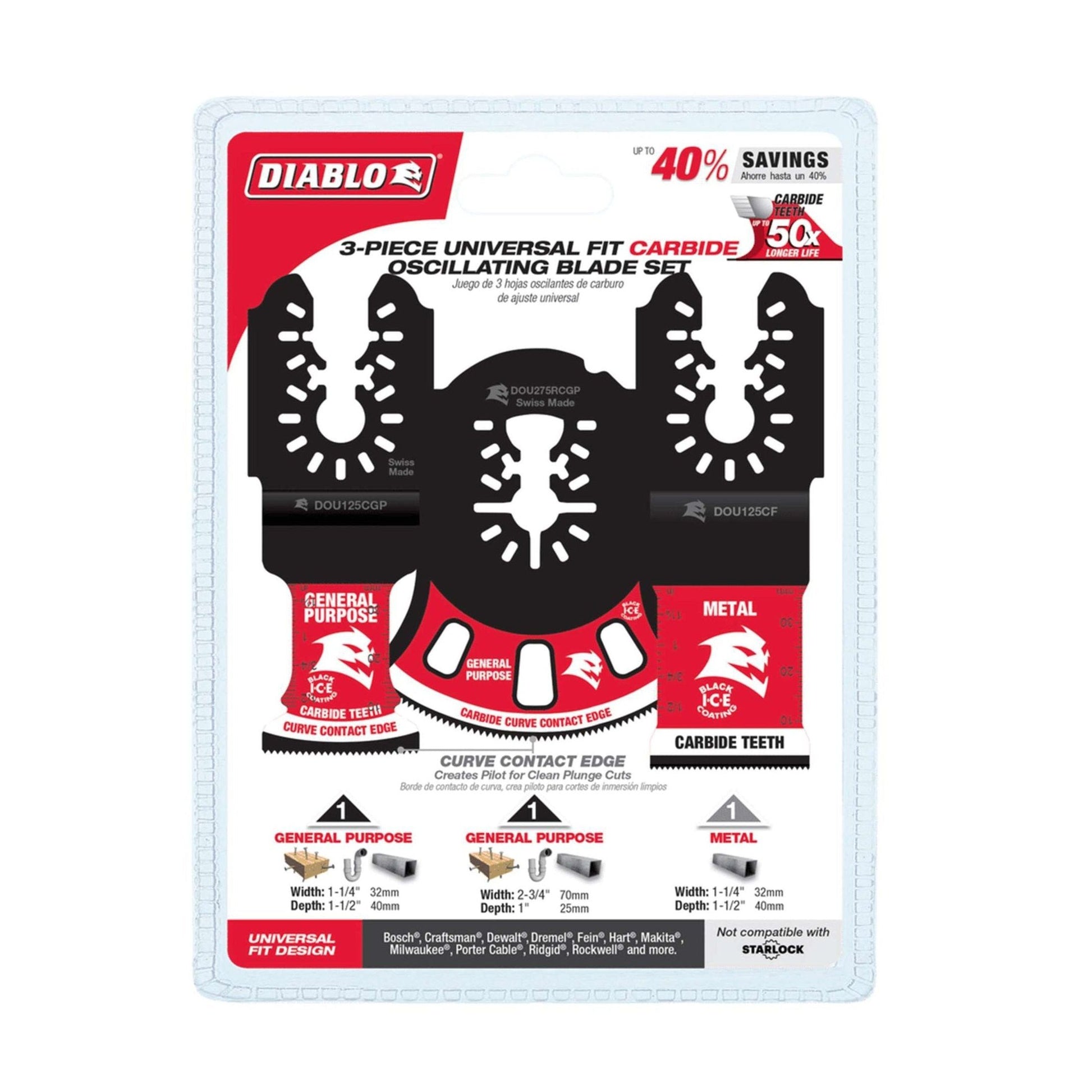The image showcases the packaging for the Diablo DOU3CS 3-Piece Universal Fit Carbide Oscillating Blade Set. Featuring precise plunge cuts, general purpose and metal cutting with Starlock compatibility, it claims a 50% longer lifespan. The strikingly designed packaging is in white and red with bold black text.