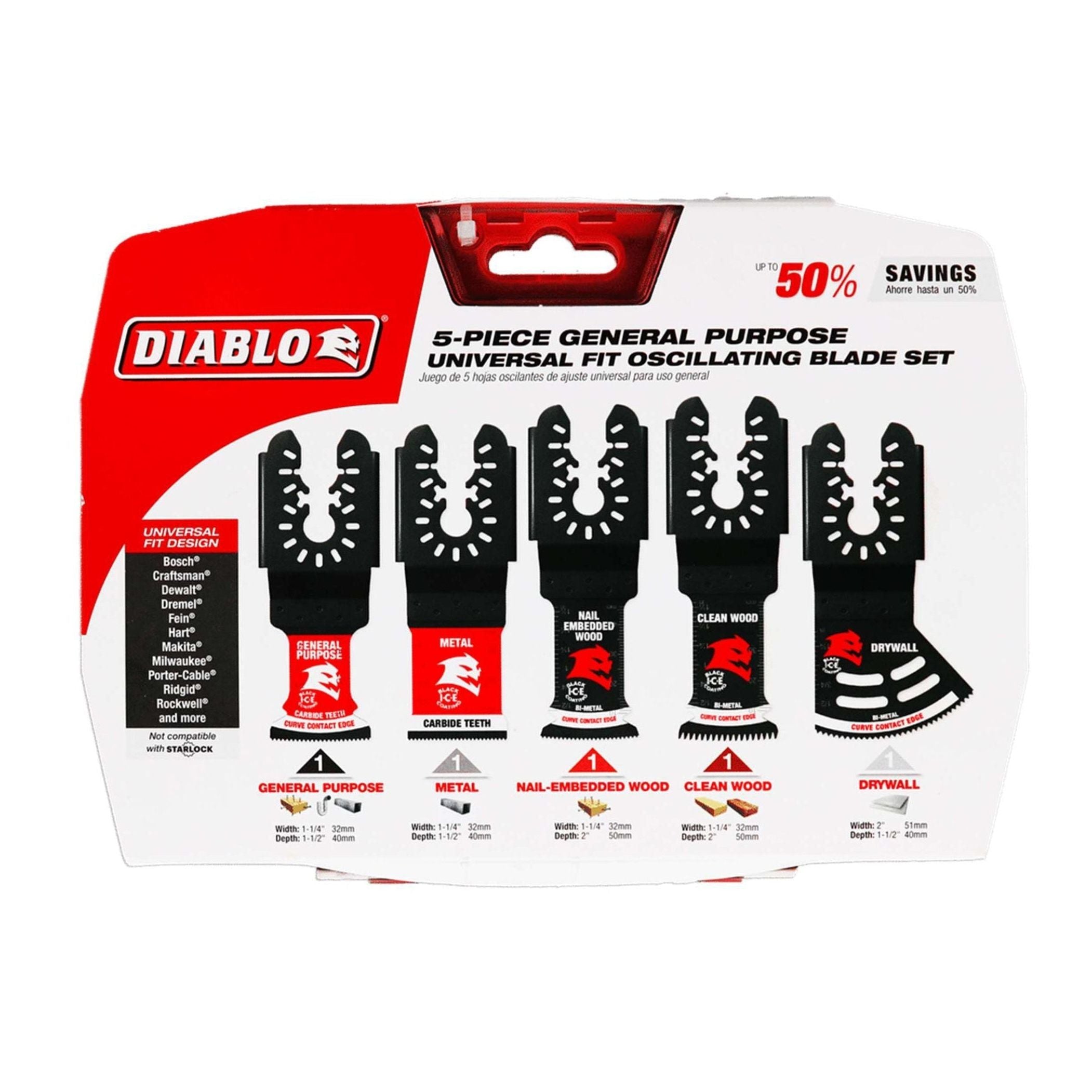 The image shows the DIABLO DOU5S 5-Piece Universal Fit General Purpose Oscillating Blade Set by Diablo, featuring TiCo Hi-Density carbide blades for metal and nail-embedded wood, with a 50% savings promotion.