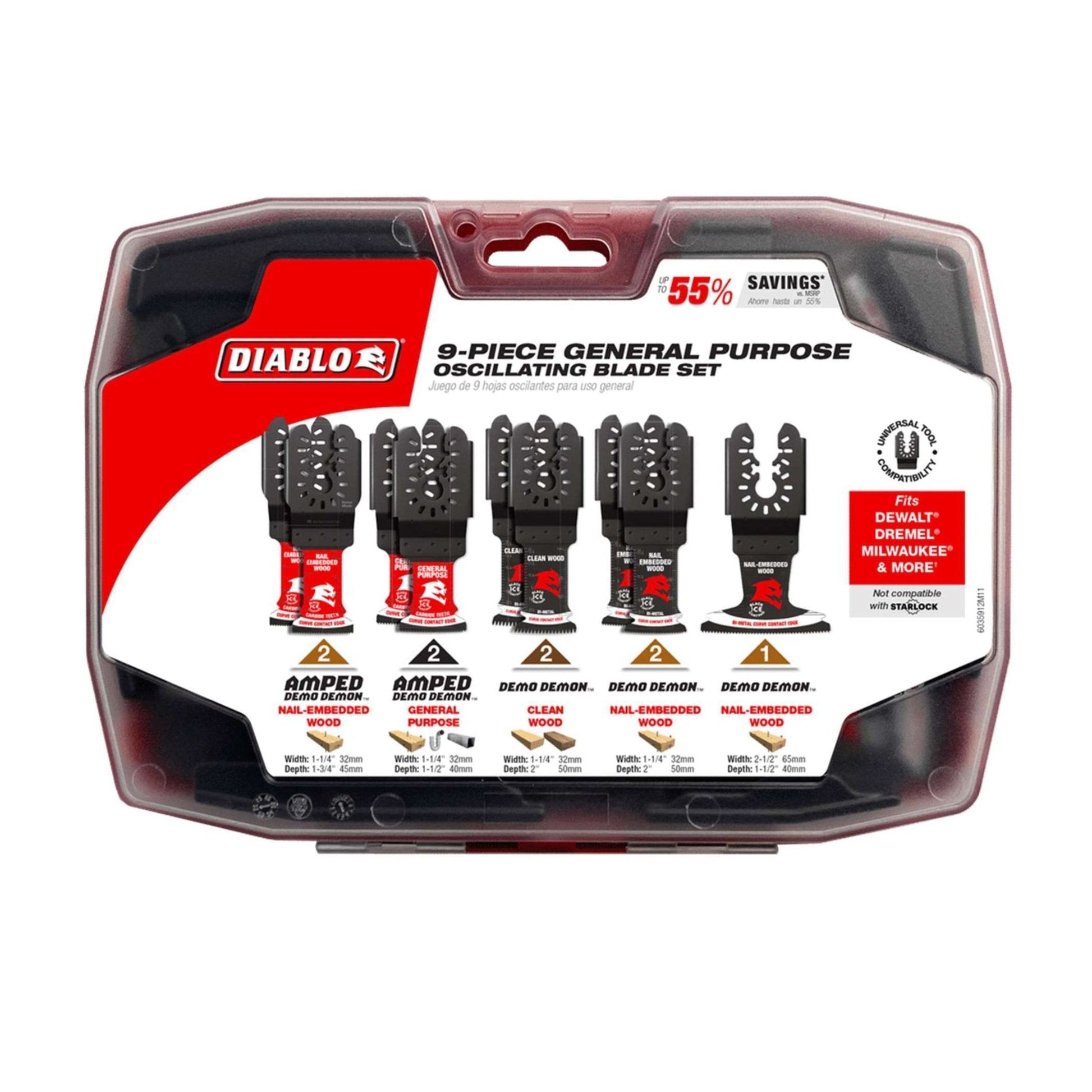 The DIABLO DOU9S 9-Piece Universal Fit Oscillating Blade Set offers durable carbide and bi-metal blades, labeled tools, and is compatible with Dewalt and Dremel. Enjoy a claimed savings of 55%.