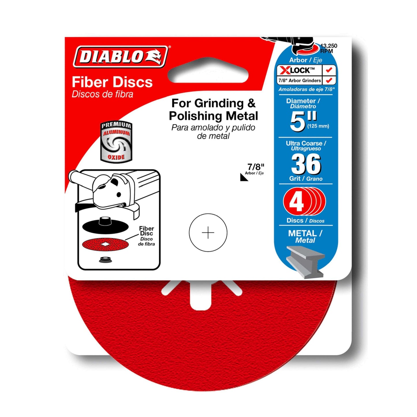 The Diablo DCF050036S04G 5 in. 36-Grit Fiber Discs for Metal (4-Pack) packaging displays an illustration of the discs use, emphasizing its premium aluminum oxide for extended life, 7/8 arbor size, a 5 diameter, and extra coarse grit.