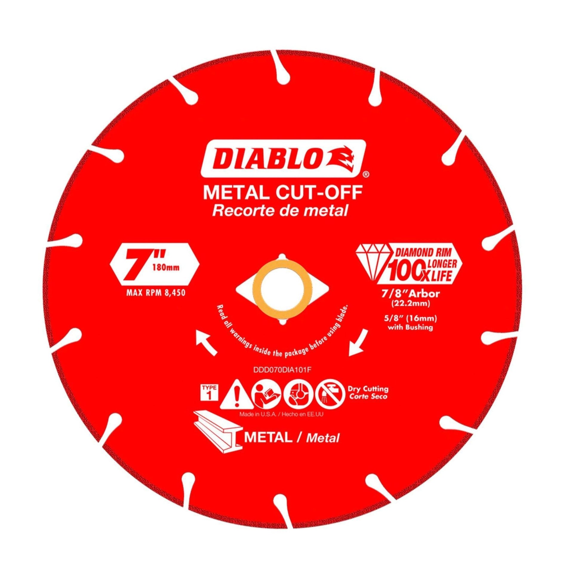 The DIABLO DDD070DIA101F is a red 7-inch circular metal cut-off disc by Diablo, designed for precision and durability. It boasts a max RPM of 8,450 and a diamond rim for enhanced cutting life. White symbols and details are printed on the discs surface.
