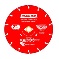 The DIABLO DDD070DIA101F is a red 7-inch circular metal cut-off disc by Diablo, designed for precision and durability. It boasts a max RPM of 8,450 and a diamond rim for enhanced cutting life. White symbols and details are printed on the discs surface.