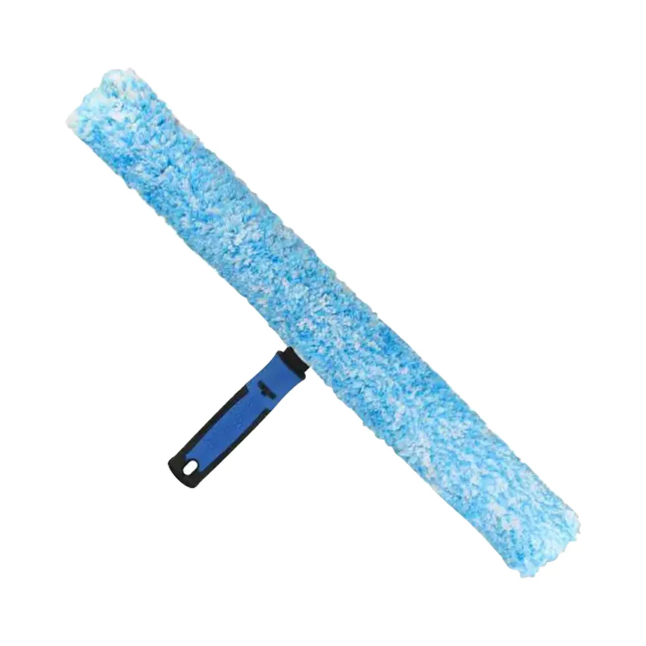 The Go Build 18 in. Professional Grip Scrubber, a blue and white microfiber window cleaning squeegee with a black and blue handle and microfiber sleeve, is shown diagonally on a white background.