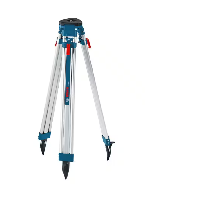 The Go Build 63 in. Aluminum Tripod for Rotary Laser Level features a quick clamp and shoulder strap, standing upright in silver and blue with black feet and elegant red accents on the top joints. It complements rotary lasers perfectly against a plain white background for precision tasks.