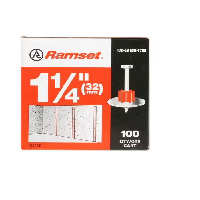 A 100-pack of Go Build 1-1/4 in. Drive Pins with Washers, by The Fastest Way To Build, comes in packaging featuring fastener and washer images plus a wall diagram on the front.