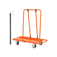 The VEVOR Drywall Cart by Vevor is a sturdy orange flatbed panel dolly with four wheels and two vertical handles, perfect for transporting sheetrock or other heavy-duty tasks. It comes with a black bungee cord with hooks and a small wrench, all set against a plain white background.