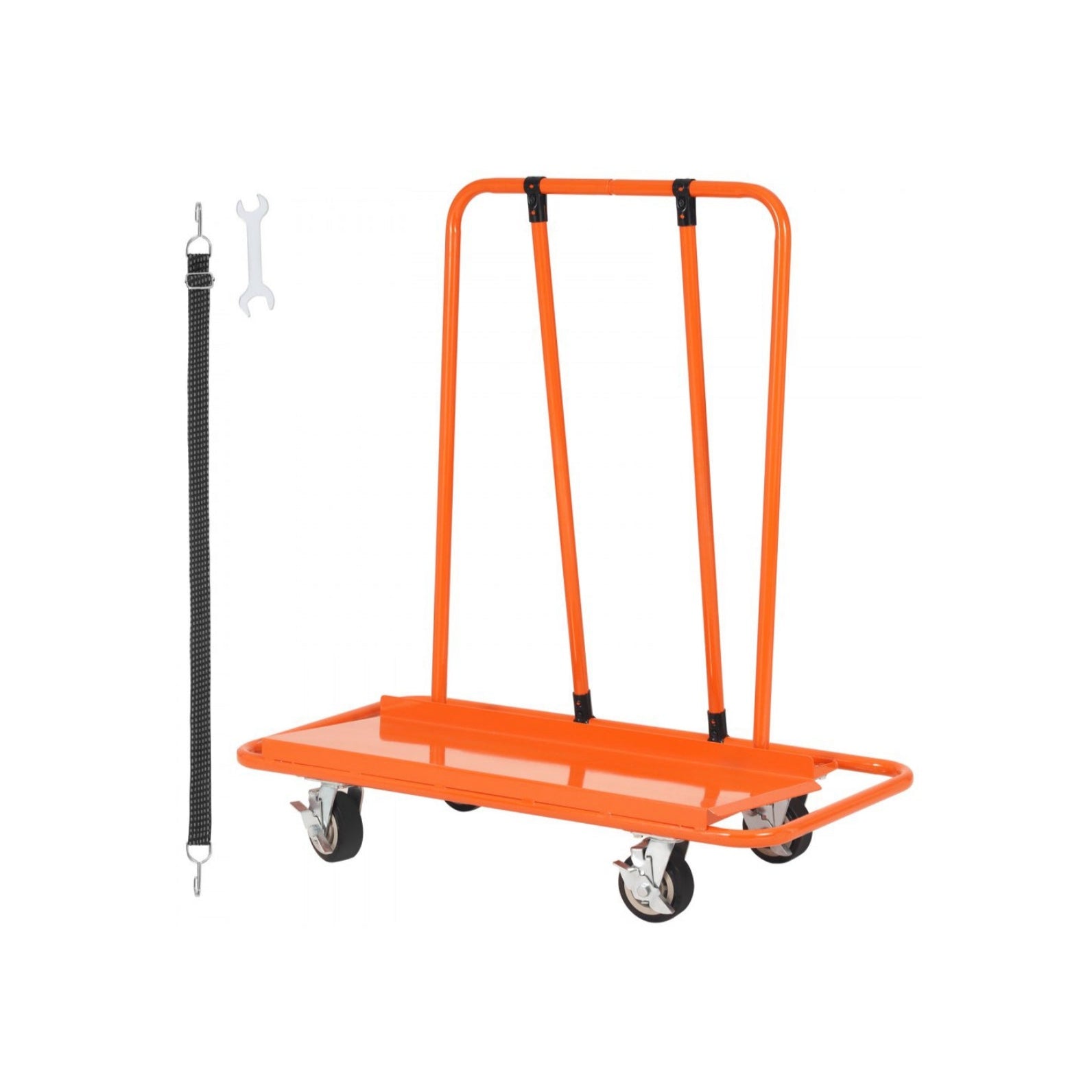 The VEVOR Drywall Cart by Vevor is a sturdy orange flatbed panel dolly with four wheels and two vertical handles, perfect for transporting sheetrock or other heavy-duty tasks. It comes with a black bungee cord with hooks and a small wrench, all set against a plain white background.