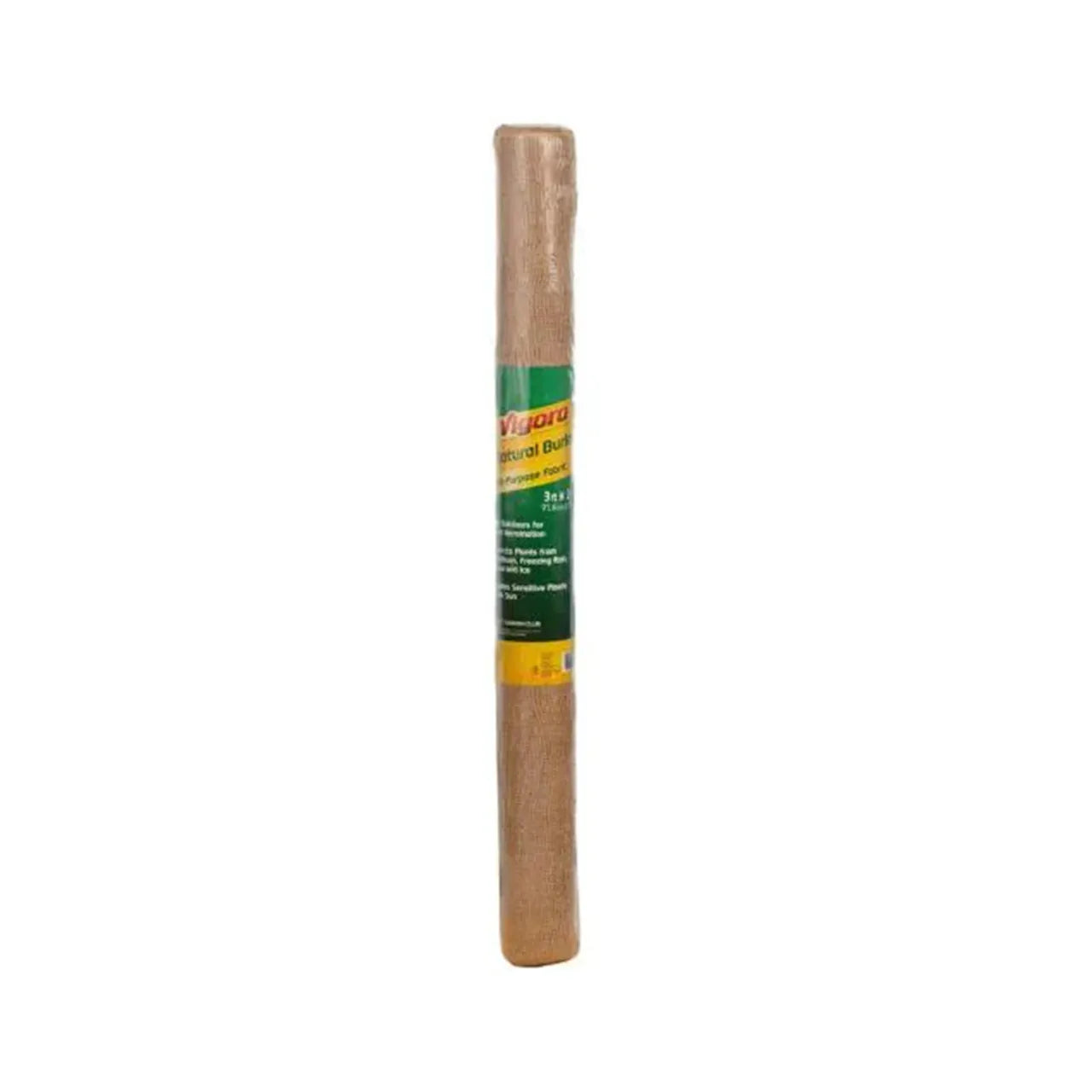 A 3 ft. x 24 ft. Go Build Natural Burlap Landscape Fabric, wrapped in clear plastic with a green and yellow label, stands upright against a white background—perfect for erosion control projects.