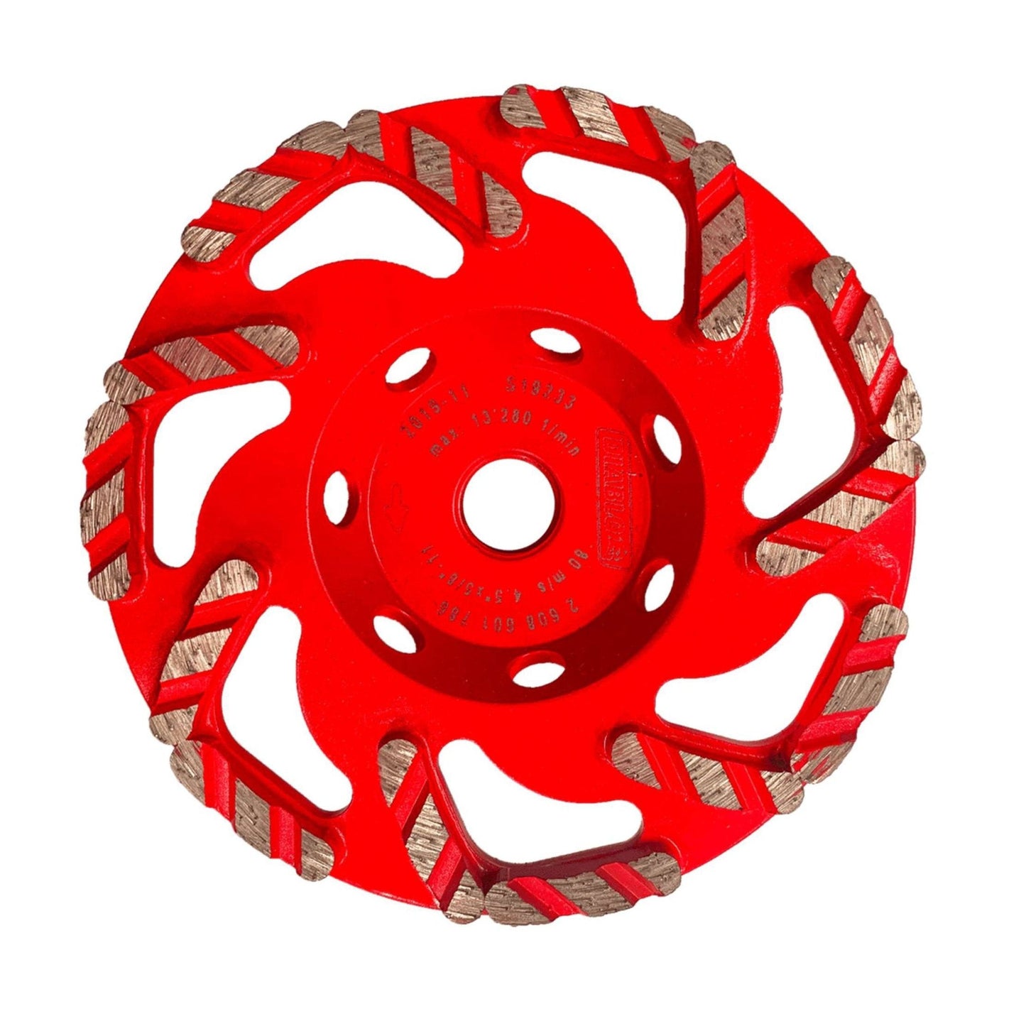 The Diablo DIABLO DMACW0400, a red 4-inch diamond rim cup wheel for masonry, features diagonal grooves and swirling patterns with silver abrasive segments. It includes critical numbers and letters at the center for concrete grinding applications.
