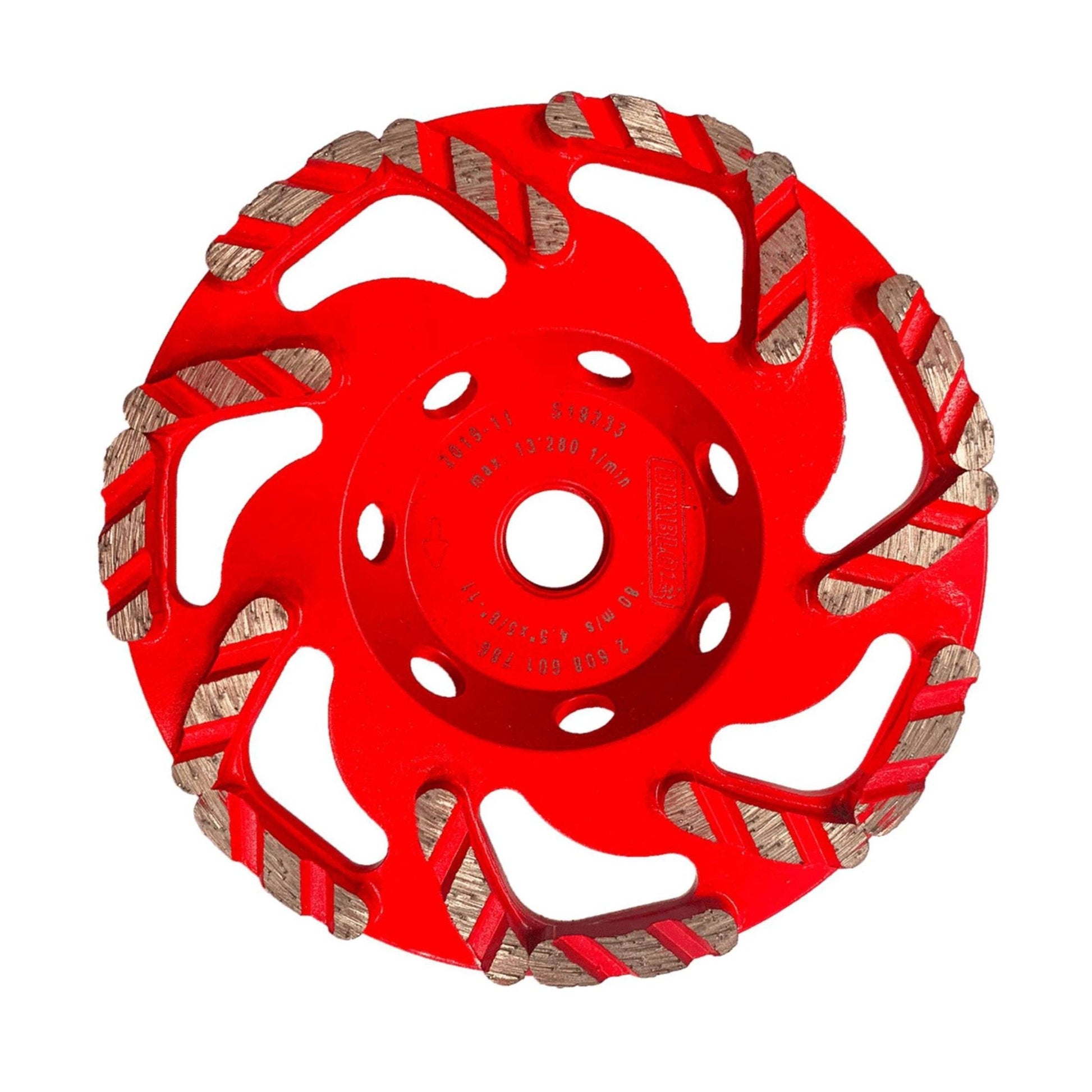 The Diablo DMACW0450 4-1/2 in. Diamond Rim Cup Wheel for Masonry features a circular design with swirling metal segments, ideal for concrete grinding, and intricate central inscriptions enhance its form and function.