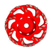 The Diablo DMACW0450 4-1/2 in. Diamond Rim Cup Wheel for Masonry features a circular design with swirling metal segments, ideal for concrete grinding, and intricate central inscriptions enhance its form and function.