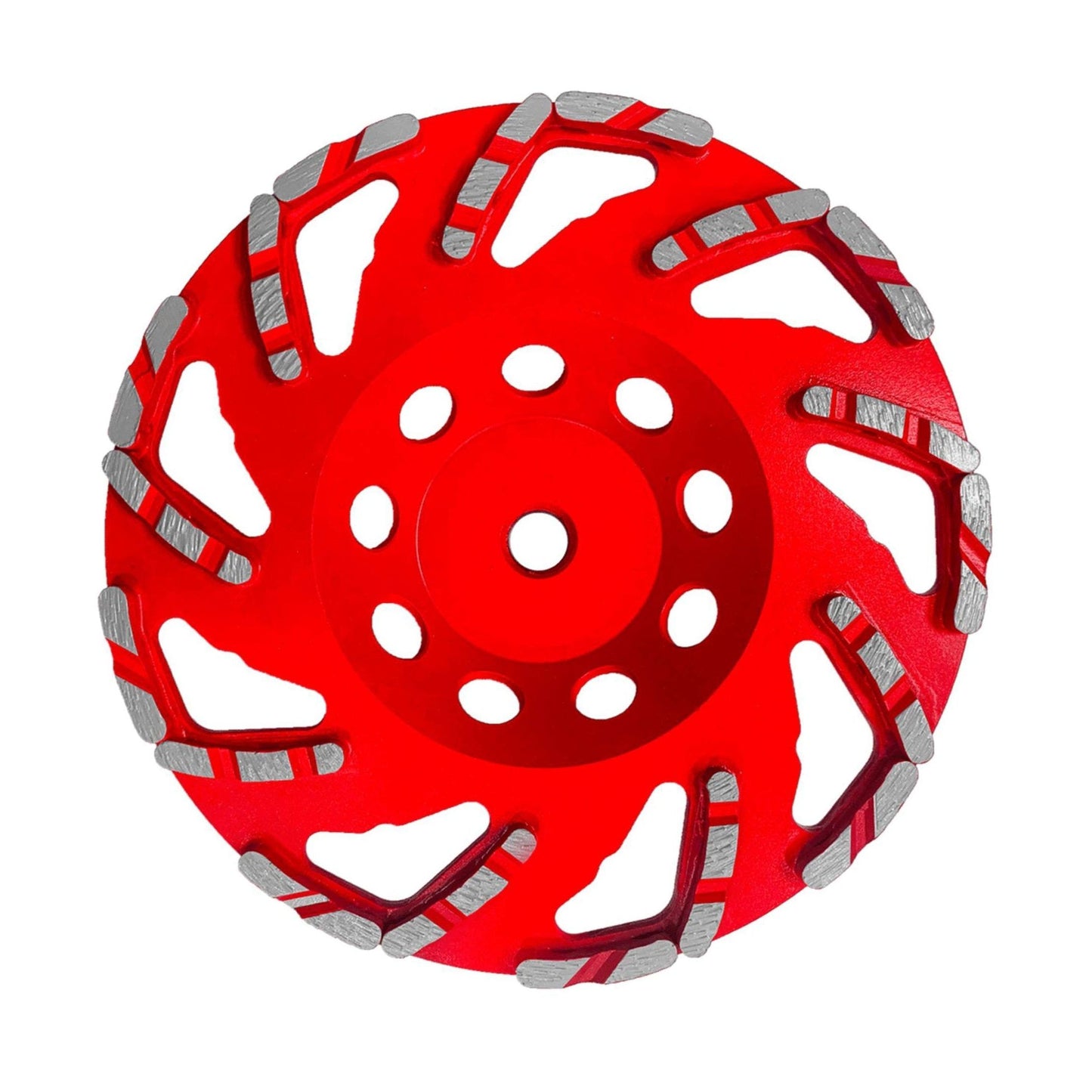 The DIABLO DMACW0700 features a red circular design with silver segmented teeth and center holes, similar to a diamond cup wheel. Its symmetrical curved patterns make it ideal for concrete grinding, standing out dynamically against a pristine white background.