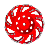 The DIABLO DMACW0700 features a red circular design with silver segmented teeth and center holes, similar to a diamond cup wheel. Its symmetrical curved patterns make it ideal for concrete grinding, standing out dynamically against a pristine white background.