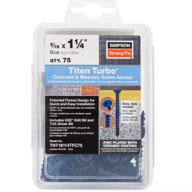 This blue plastic container from Simpson Strong-Tie contains 75 Titen Turbo screws (3/16 x 1-1/4 inches) with patented thread design and Torque Reduction Channel for superior holding power. Installation is easy with included illustrated instructions.