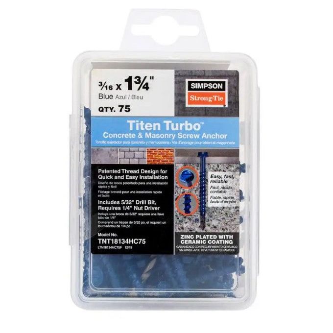 The clear box holds 75 Titen Turbo 3/16 in. x 1-3/4 in. Hex Head Simpson Strong-Tie concrete screws with a Torque Reduction Channel. The front label details product info and installation for these advanced blue masonry fasteners.