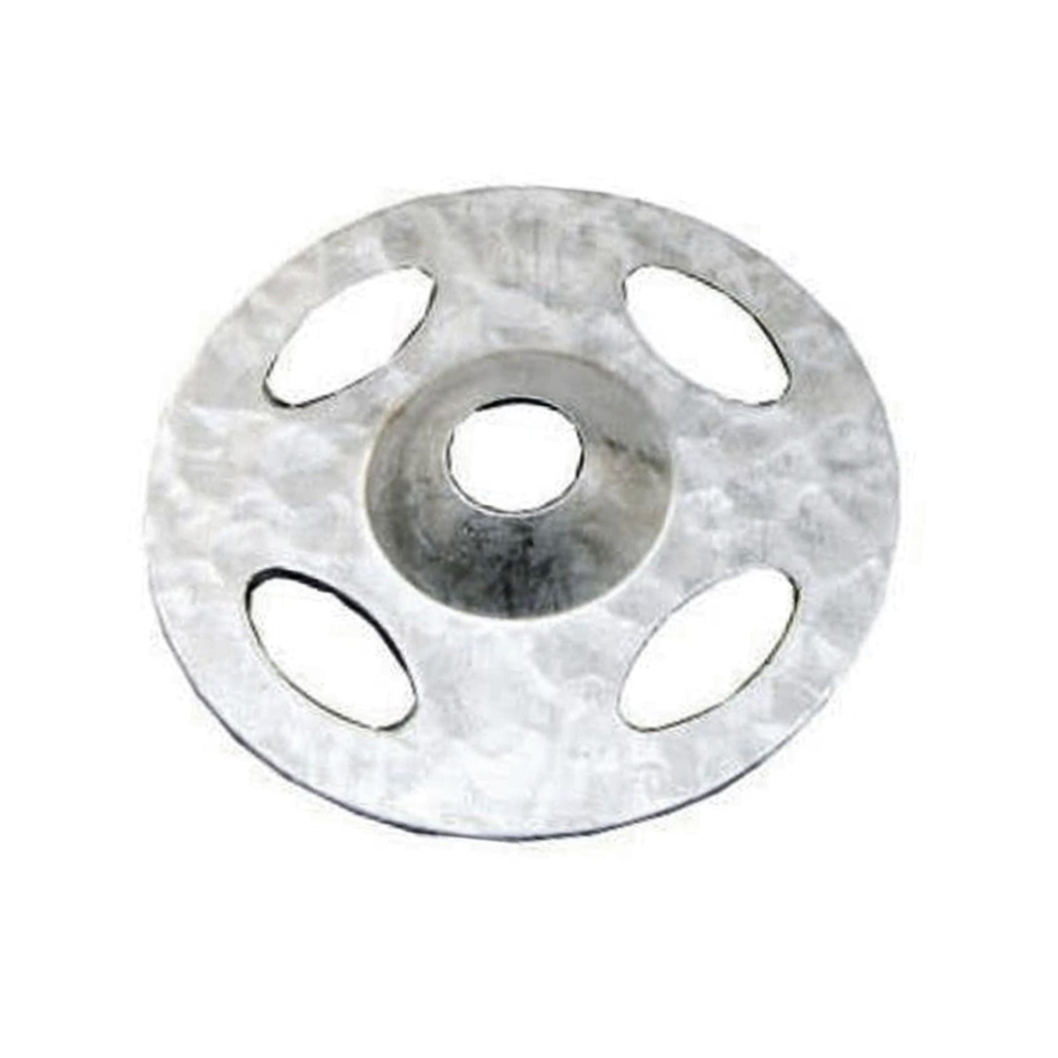 The Wind-Lock Lath-Lock Legless (1000-Pack) by Go Build features a circular metal disk with four elongated holes, ideal for lath applications. Its slightly textured surface complements the system and is designed to efficiently reduce installation time against a plain white background.