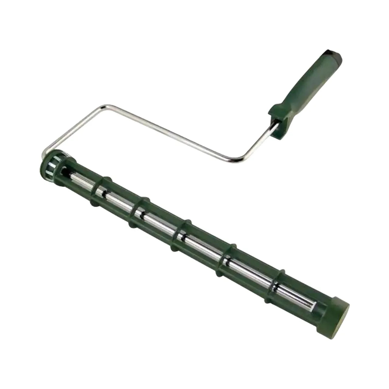 The 14 in. Sherlock Roller Frame by Go Build, The Fastest Way To Build, has a green threaded handle and metal frame ideal for large surfaces. Its smooth-rolling cage frame is uncovered, showcasing its cylindrical design against a white background.