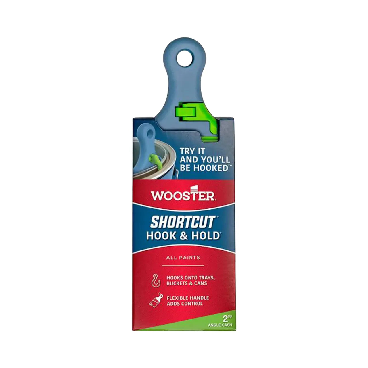 The Go Build 2 in. Shortcut Hook & Hold Polyester Angle Sash Brush, ideal for detail painting, includes a blue handle with hooks and comes in red and blue packaging, showcasing its versatile use with all paints and superior control.