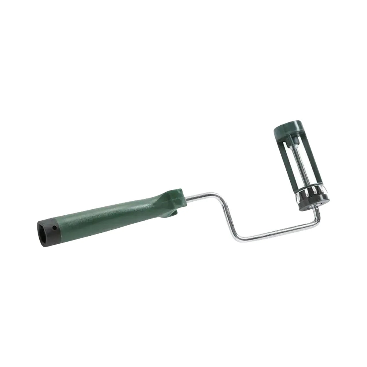 The Go Build 4 in. Sherlock Roller Frame has a green paint roller frame, black handle, and metal support for smooth rolling. Its threaded handle attaches easily to extension poles, and the curved metal frame holds the roller cover securely in place.