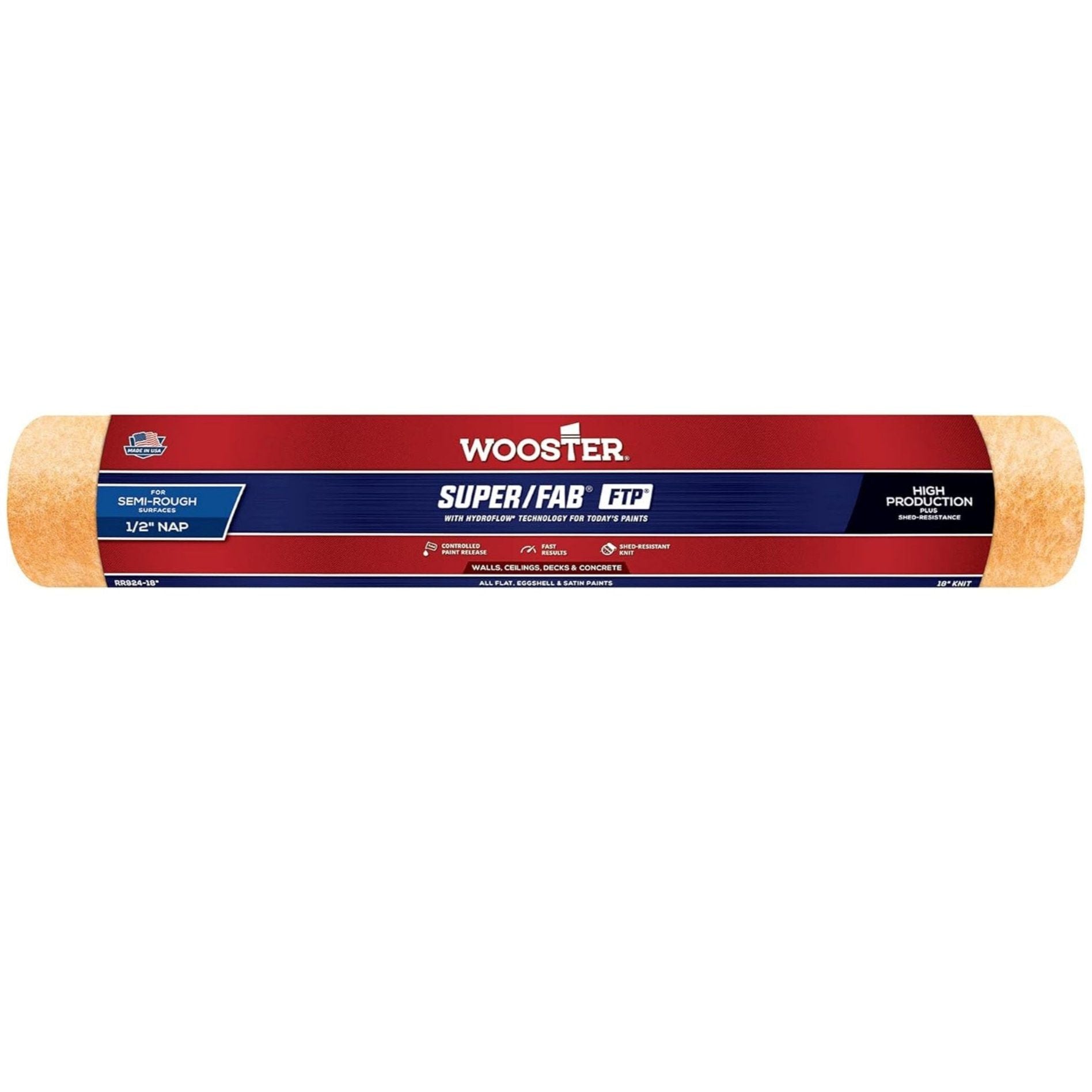 The WOOSTER RR924-18 Super/Fab FTP 18 in. x 1/2 in. paint roller cover features a golden yellow knit and High Production attribute, perfect for semi-rough surfaces, and showcases a vibrant red, blue, and white label.