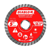 The DIABLO DMADT0500, a diamond turbo masonry cut-off disc by Diablo, has a 5 diameter and 7/8 arbor. It boasts superior quality cuts and longer life than standard discs, suitable for wet or dry use, with a max RPM of 12,200.