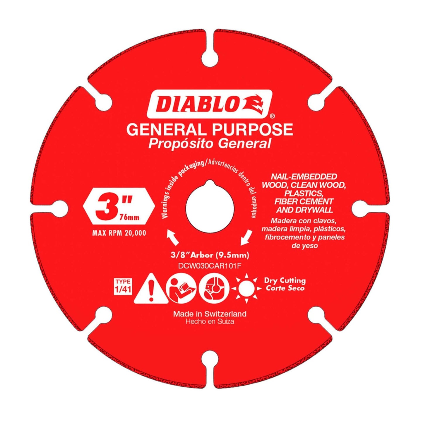 The Diablo DCW030CAR101F 3-inch carbide grit multi-material cut-off disc, with a 3/8-inch arbor and max RPM of 20,000, is Swiss-made for precision and ideal for cutting wood, plastics, cement, drywall, and metal.