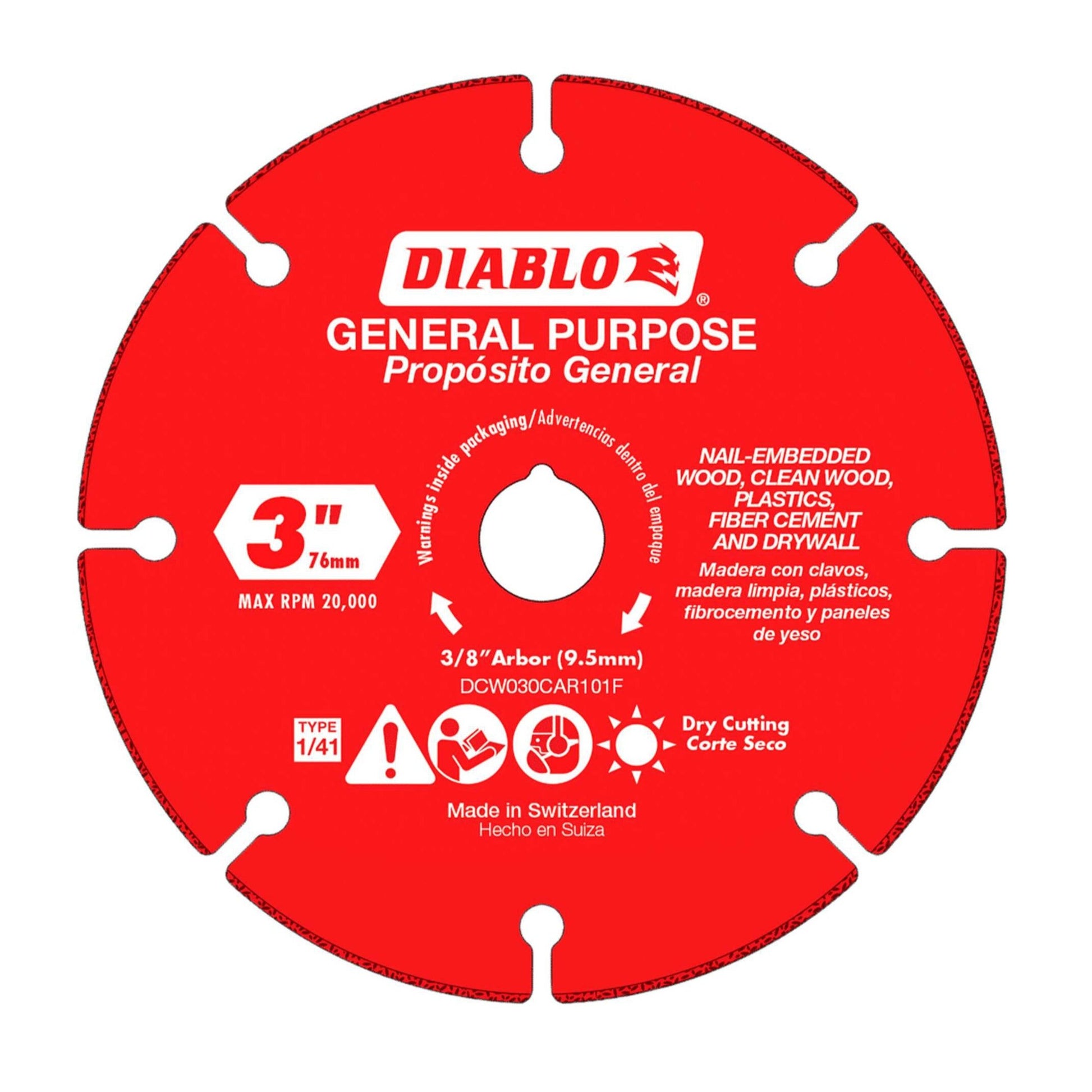 The Diablo DCW030CAR101F 3-inch carbide grit multi-material cut-off disc, with a 3/8-inch arbor and max RPM of 20,000, is Swiss-made for precision and ideal for cutting wood, plastics, cement, drywall, and metal.