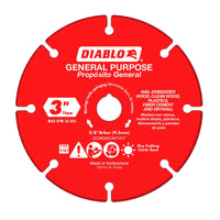 The Diablo DCW030CAR101F 3-inch carbide grit multi-material cut-off disc, with a 3/8-inch arbor and max RPM of 20,000, is Swiss-made for precision and ideal for cutting wood, plastics, cement, drywall, and metal.