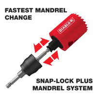 Illustration of a red drill attachment, DIABLO DHSAR375, with arrows showing its connection to a bit. Features the Fastest Mandrel Change and the advanced Snap-Lock Plus™ Mandrel System by Diablo for superior cutting performance in hole saws.