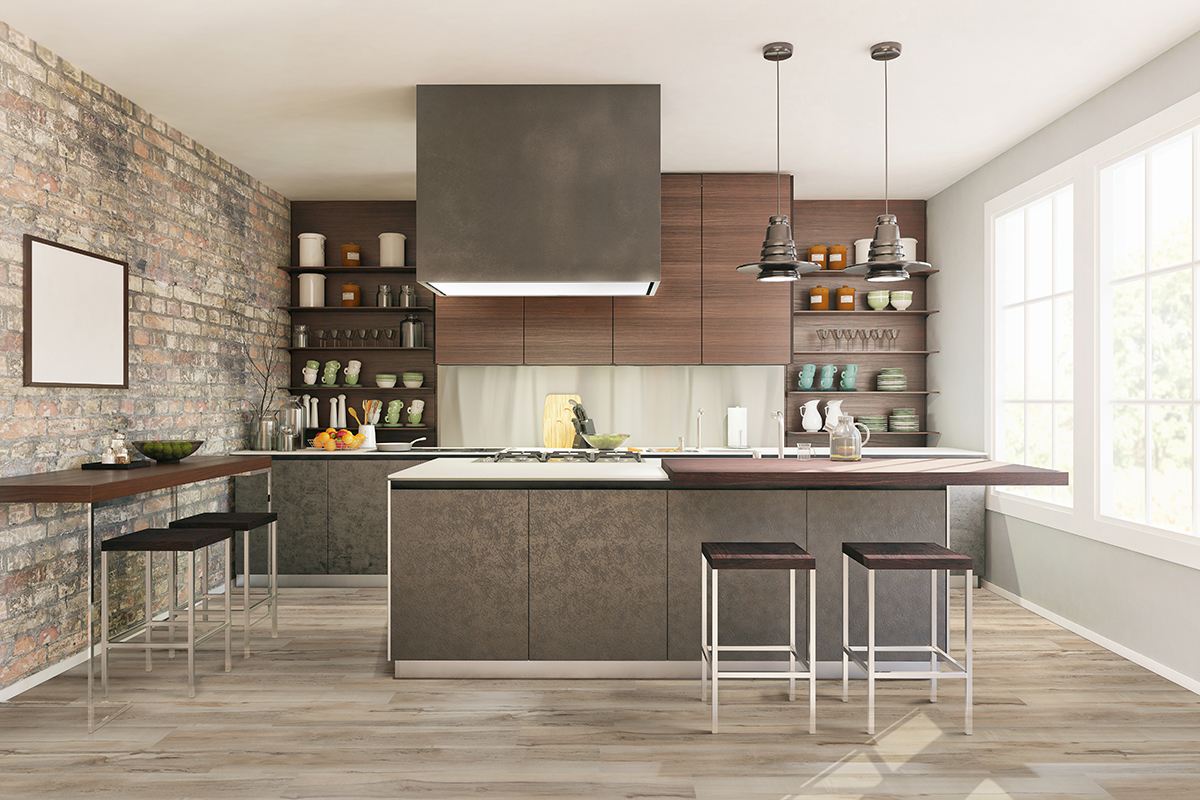 A modern kitchen with an island, bar stools, pendant lights, wooden cabinets, brick accent wall, and large windows features Akadia Luxury Vinyl Plank by Msisurfaces—durable, scratch-resistant flooring perfect for stylish living.