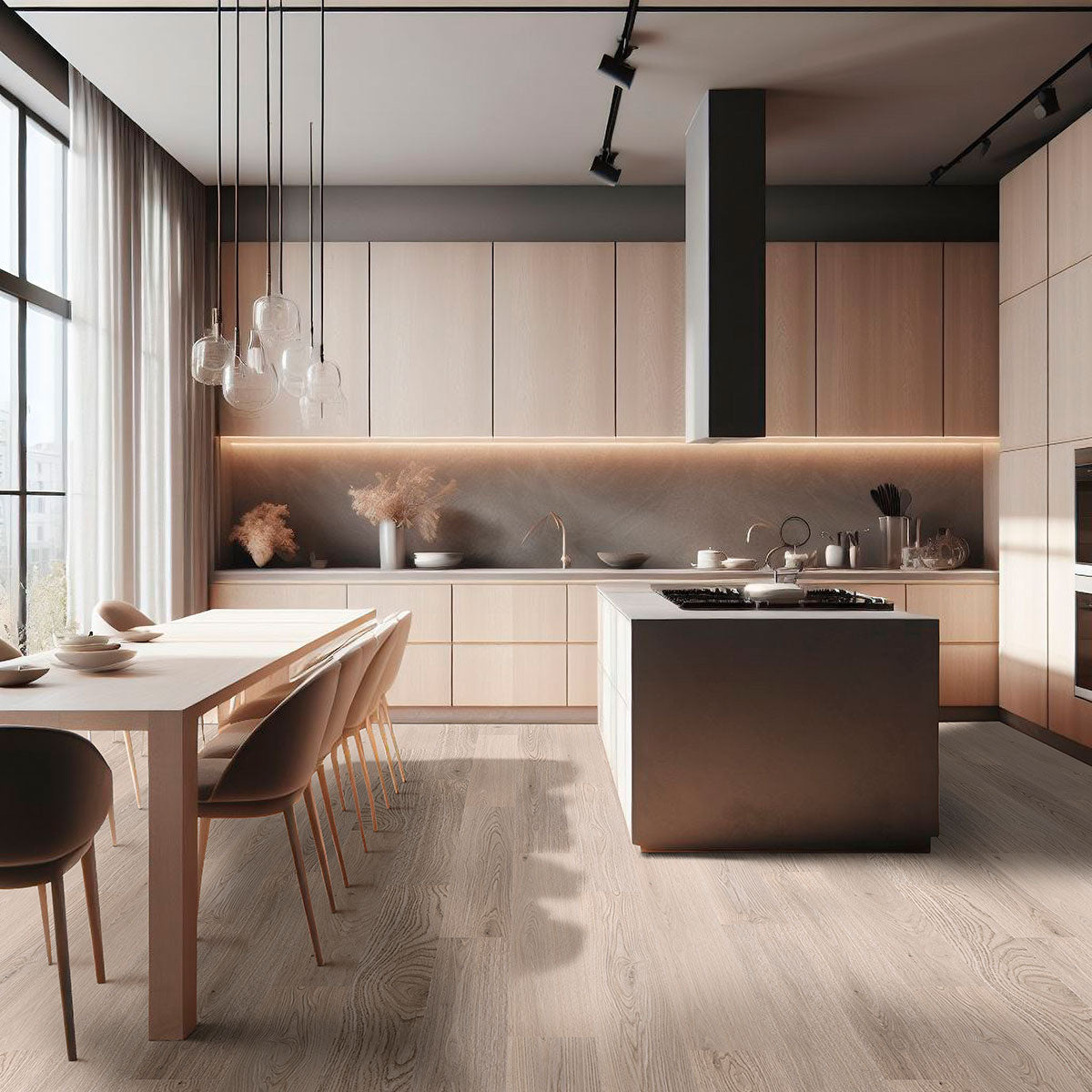 Modern kitchen with light wood cabinets and MSI Cyrus Austell Grove Luxury Vinyl Planks BOX (23.77 SQFT), featuring CrystaLux™ for waterproof durability. Island with built-in stove, pendant lights, and dining table in natural light highlight minimalist decor.