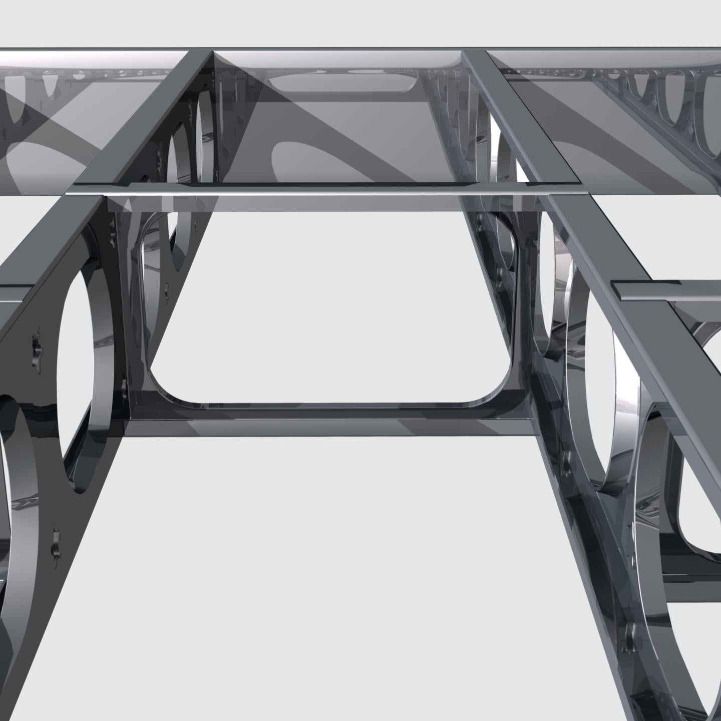 Close-up of Go Build Joist Blocking 10 16OC 16GA—metallic, rectangular frame with circular cutouts, showing strength and stability like a floor joist; glossy, reflective finish emphasizes quality on a light background.