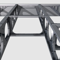 Close-up of Go Build Joist Blocking 10 16OC 16GA—metallic, rectangular frame with circular cutouts, showing strength and stability like a floor joist; glossy, reflective finish emphasizes quality on a light background.