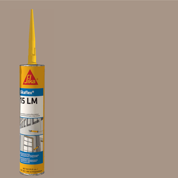 A yellow tube of SIKA Sikaflex 15LM Elastomeric Sealant (10.1 oz) by Sika, designed for construction, with an applicator nozzle on a plain brown background. The packaging displays product details and application images.