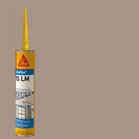 A yellow tube of SIKA Sikaflex 15LM Elastomeric Sealant (10.1 oz) by Sika, designed for construction, with an applicator nozzle on a plain brown background. The packaging displays product details and application images.