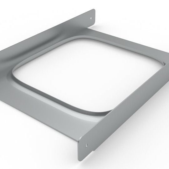 The Joist Blocking 10 16OC 16GA by Go Build, The Fastest Way To Build, is a silver metal bracket with two flat sides and a rectangular open center for mounting or supporting equipment in floor joist systems, shown on a white background.