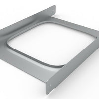 The Joist Blocking 10 16OC 16GA by Go Build, The Fastest Way To Build, is a silver metal bracket with two flat sides and a rectangular open center for mounting or supporting equipment in floor joist systems, shown on a white background.