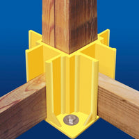 The Go Build Yellow Safety Maker Safety Boot Guardrail, crafted from sturdy yellow plastic, secures wood in construction projects with a central square slot for an upright post, additional slots for horizontal beams, and a base bolt for stability.