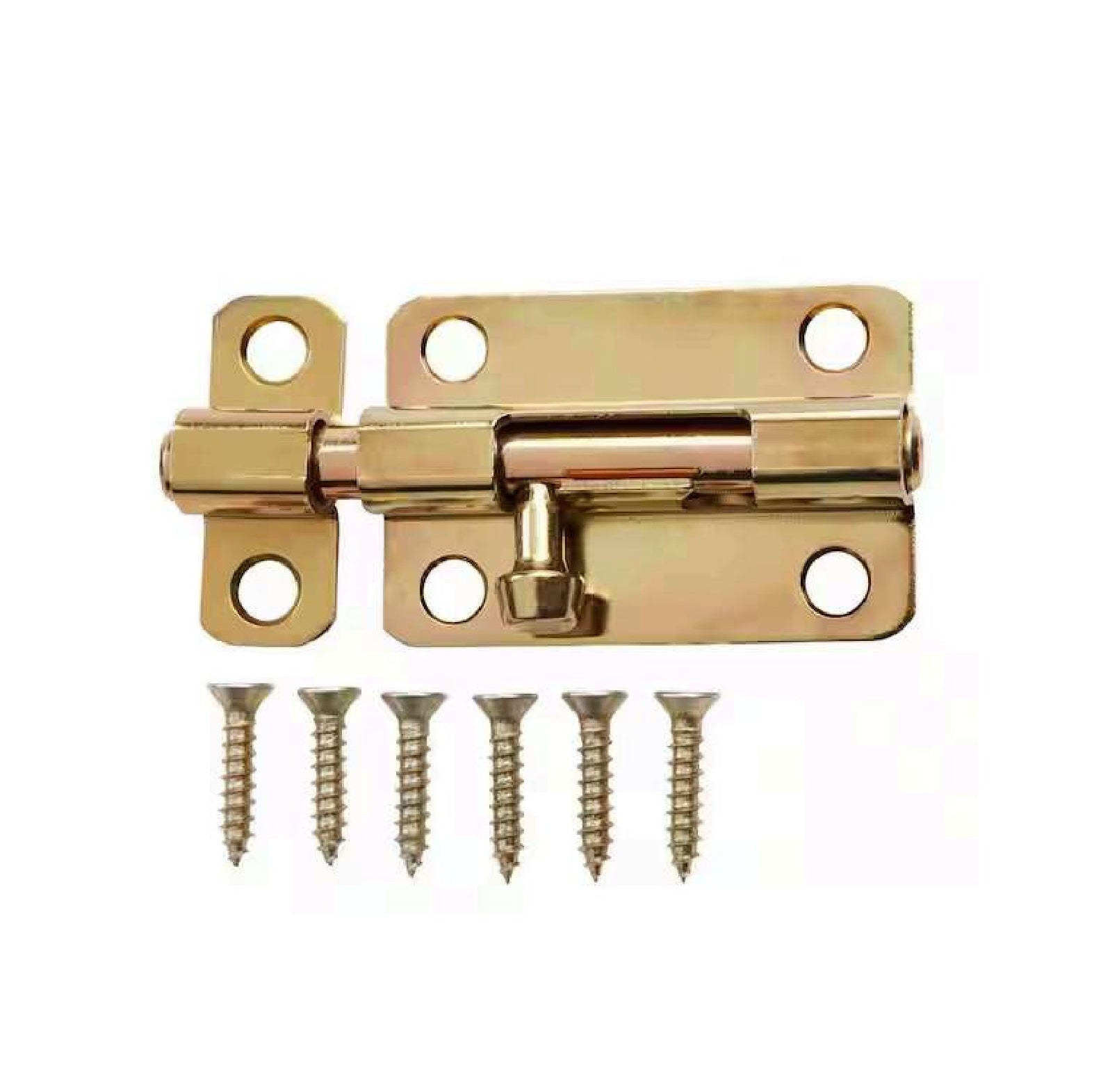 The G FORCE 43022 2-1/2 in. Barrel Bolt is a brass-plated steel latch with a rectangular base and four screws, ideal for securing doors or cabinets.