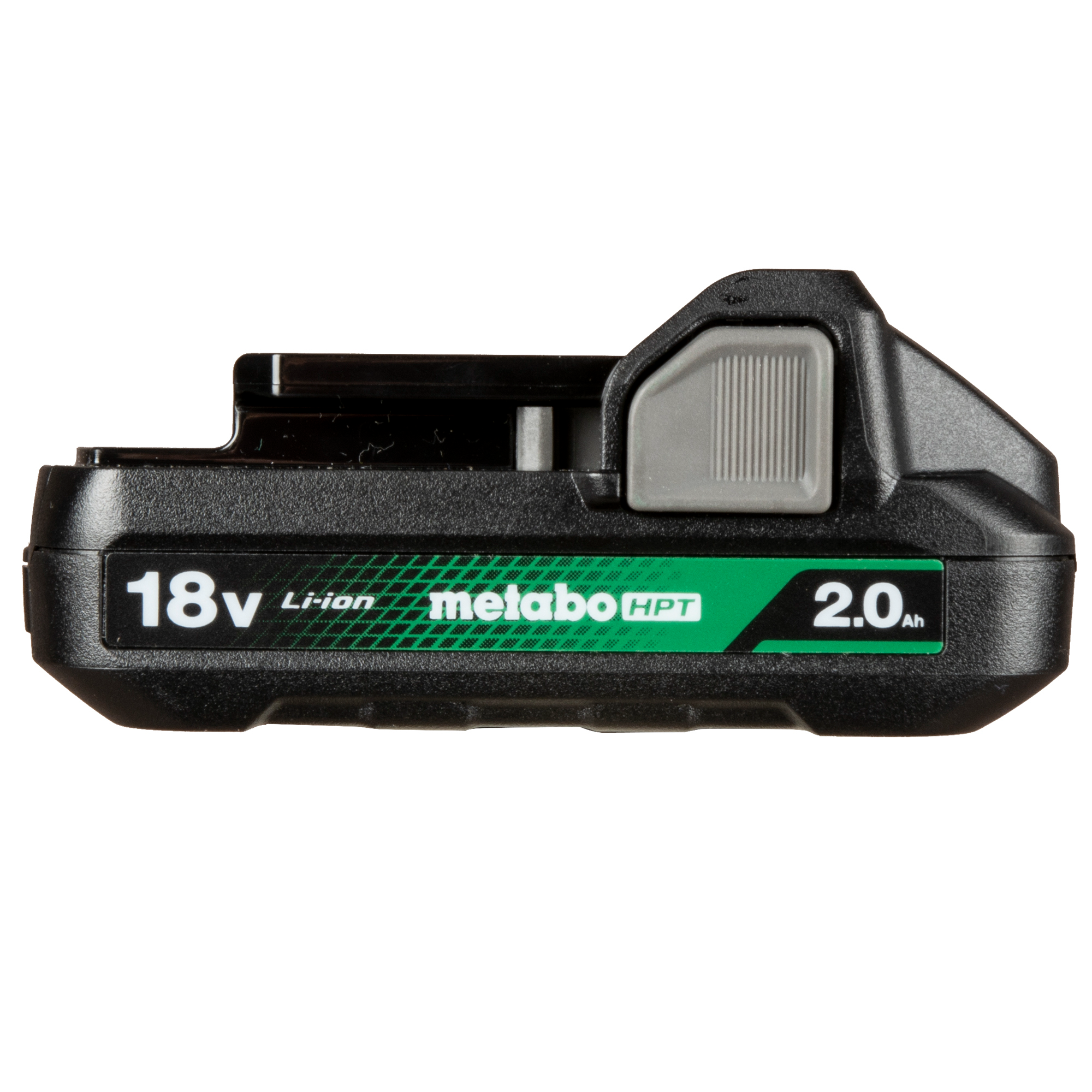 The Go Build Metabo HPT 377797M BSL1820M is an 18V 2.0Ah Lithium Ion Battery with a fuel gauge, shown side-on with branding and specs on its green and black label, designed for reliable cordless power.