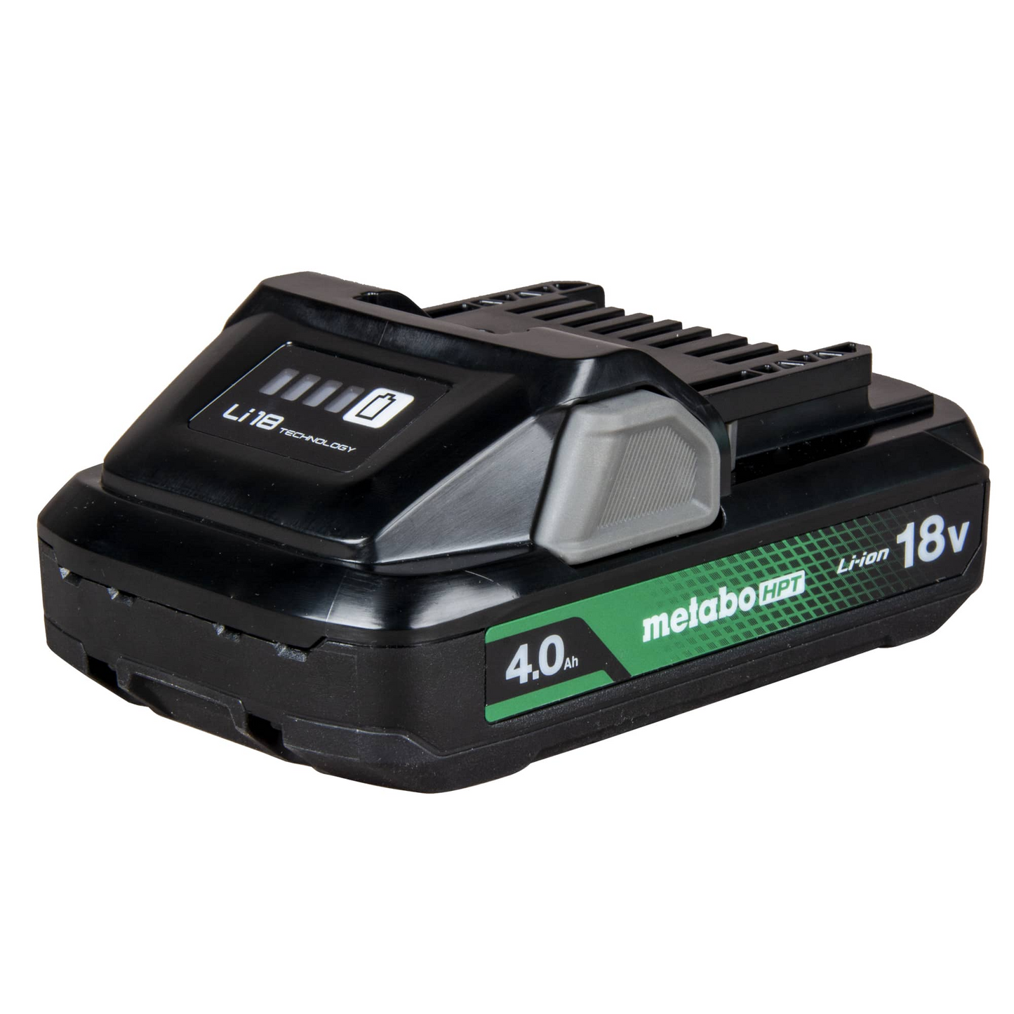 The Go Build Metabo HPT 378681M BSL1840M 18V 4.0Ah Lithium Ion Battery features a fuel indicator and Metabo HPT branding.