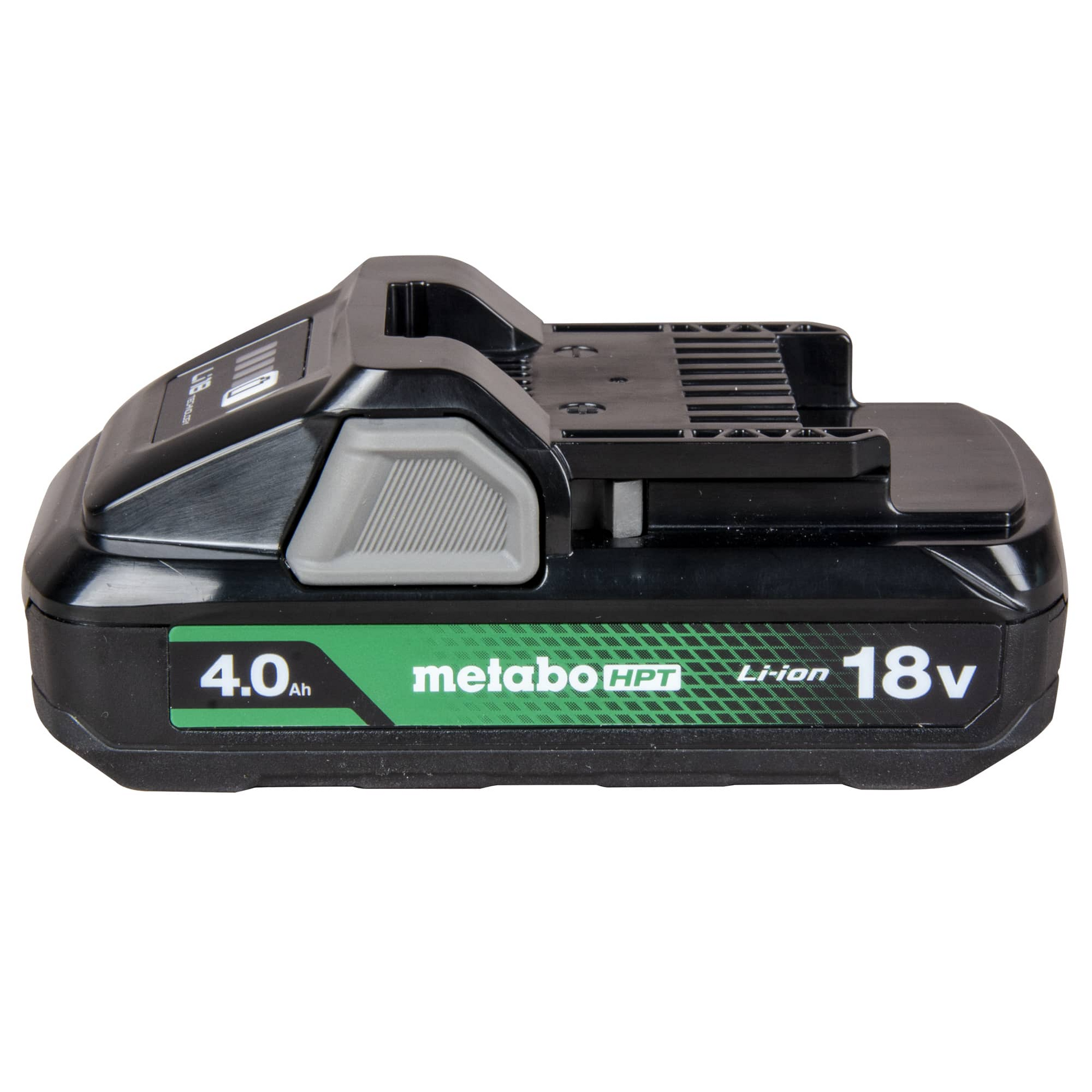 A black Go Build Metabo HPT 378681M BSL1840M 18V 4.0Ah Lithium Ion Battery with fuel indicator and green/white “4.0Ah” label, designed for Metabo HPT power tools.