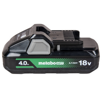 A black Go Build Metabo HPT 378681M BSL1840M 18V 4.0Ah Lithium Ion Battery with fuel indicator and green/white “4.0Ah” label, designed for Metabo HPT power tools.