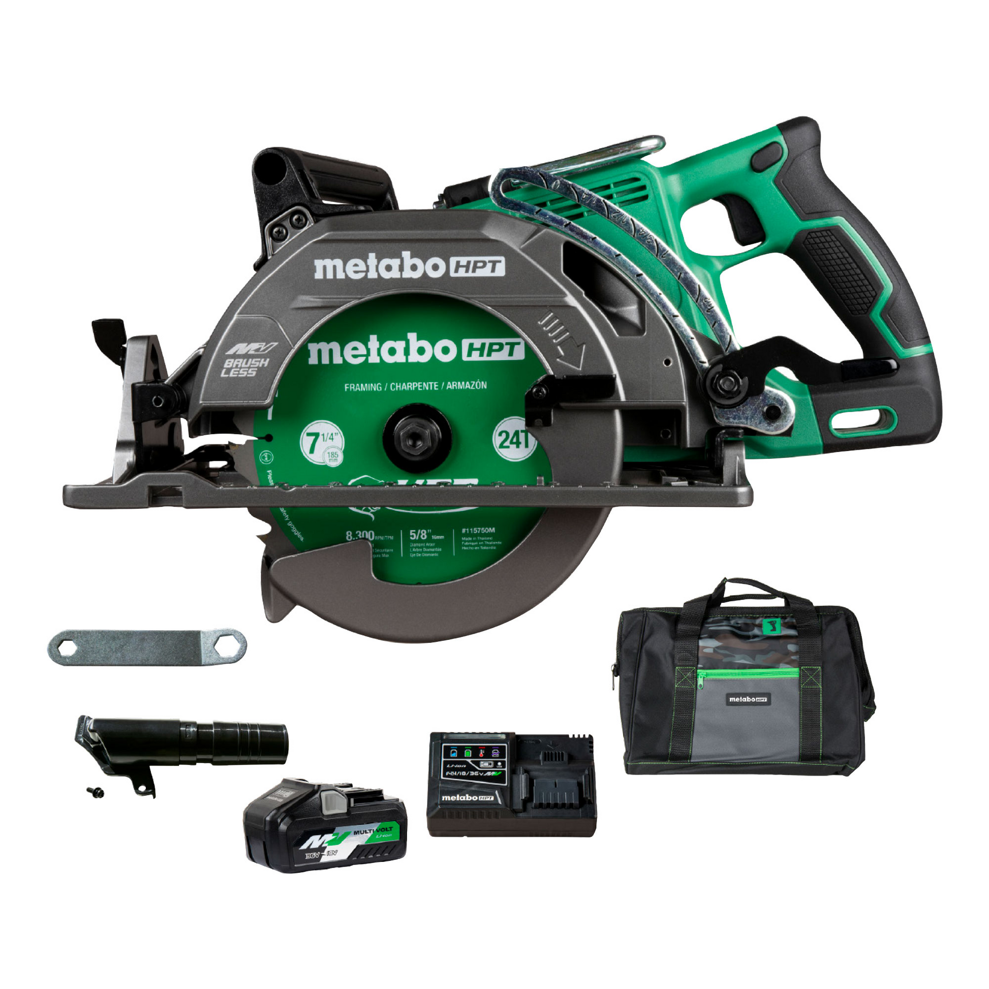 The Go Build Metabo HPT C3607DWA 36V MultiVolt 7-1/4" rear handle circular saw kit includes a brushless saw, battery, charger, wrench, dust blower, and carrying bag—all shown on a white background.